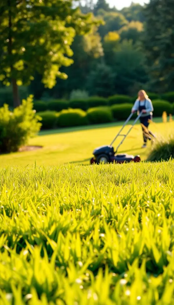 A lush, well-manicured lawn in the foreground, its blades of grass glistening in the warm, golden sunlight. In the middle ground, a gardener diligently mowing the lawn, their attention focused on maintaining an even, uniform height. In the background, a verdant landscape of trees and shrubs, creating a tranquil, peaceful atmosphere. The image conveys the importance of seasonal grass care, with the gardener's actions highlighting the effort required to keep the grass thriving and healthy throughout the changing seasons. A lush, well-manicured lawn in the foreground, its blades of grass glistening in the warm, golden sunlight. In the middle ground, a gardener diligently mowing the lawn, their attention focused on maintaining an even, uniform height. In the background, a verdant landscape of trees and shrubs, creating a tranquil, peaceful atmosphere. The image conveys the importance of seasonal grass care, with the gardener's actions highlighting the effort required to keep the grass thriving and healthy throughout the changing seasons.