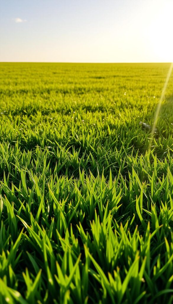 A lush, well-manicured lawn in the foreground, its emerald blades glistening under the warm, golden afternoon sun. In the middle ground, a verdant carpet of diverse grasses, their varying shades of green hinting at different species and seasonal growth patterns. The background features a clear, cloudless sky, with a gentle breeze rippling across the lawn, creating a serene, tranquil atmosphere. The camera is positioned at a slight elevated angle, capturing the entire scene in sharp focus, emphasizing the importance of timing and grass type when maintaining a healthy, vibrant lawn.