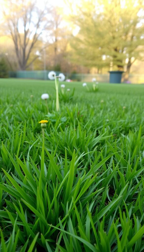 A lush, well-manicured lawn in the foreground, with a focus on a cluster of vibrant green grass shoots emerging from the soil, signifying healthy growth. In the middle ground, a variety of broadleaf weeds, such as dandelions and clover, are visible, their leaves and flowers providing a contrasting texture and color to the lawn. The background features a warm, autumnal scene, with trees displaying a palette of golden and orange hues, suggesting the transition into the fall season. The lighting is natural and diffused, casting a soft, even glow across the scene. The overall mood is one of a peaceful, well-maintained outdoor space, ready for the winter months ahead. A lush, well-manicured lawn in the foreground, with a focus on a cluster of vibrant green grass shoots emerging from the soil, signifying healthy growth. In the middle ground, a variety of broadleaf weeds, such as dandelions and clover, are visible, their leaves and flowers providing a contrasting texture and color to the lawn. The background features a warm, autumnal scene, with trees displaying a palette of golden and orange hues, suggesting the transition into the fall season. The lighting is natural and diffused, casting a soft, even glow across the scene. The overall mood is one of a peaceful, well-maintained outdoor space, ready for the winter months ahead.