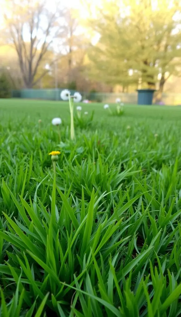 A lush, well-manicured lawn in the foreground, with a focus on a cluster of vibrant green grass shoots emerging from the soil, signifying healthy growth. In the middle ground, a variety of broadleaf weeds, such as dandelions and clover, are visible, their leaves and flowers providing a contrasting texture and color to the lawn. The background features a warm, autumnal scene, with trees displaying a palette of golden and orange hues, suggesting the transition into the fall season. The lighting is natural and diffused, casting a soft, even glow across the scene. The overall mood is one of a peaceful, well-maintained outdoor space, ready for the winter months ahead. A lush, well-manicured lawn in the foreground, with a focus on a cluster of vibrant green grass shoots emerging from the soil, signifying healthy growth. In the middle ground, a variety of broadleaf weeds, such as dandelions and clover, are visible, their leaves and flowers providing a contrasting texture and color to the lawn. The background features a warm, autumnal scene, with trees displaying a palette of golden and orange hues, suggesting the transition into the fall season. The lighting is natural and diffused, casting a soft, even glow across the scene. The overall mood is one of a peaceful, well-maintained outdoor space, ready for the winter months ahead.