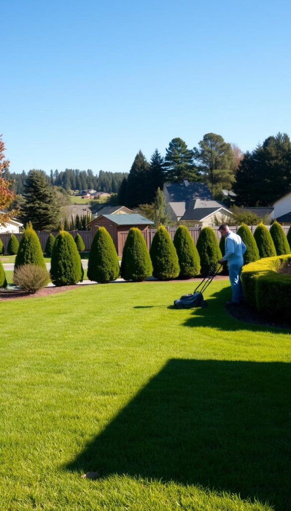 A lush, well-manicured lawn in the foreground, with a homeowner carefully tending to the grass using a push lawn mower. In the middle ground, a garden shed and a row of neatly trimmed shrubs line the property. In the background, a picturesque suburban neighborhood with tall trees and a clear, blue sky, creating a serene and peaceful atmosphere. The lighting is soft and natural, with gentle shadows cast across the scene. The lens captures the scene from a slightly elevated angle, providing a comprehensive view of the seasonal lawn care routine.