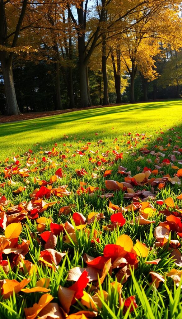 A lush, well-manicured lawn in the midst of autumn, bathed in warm, golden sunlight filtering through the trees. In the foreground, a carpet of vibrant fallen leaves in shades of red, orange, and yellow, creating a cozy, natural palette. The middle ground features healthy, green grass blades, neatly trimmed and free of any weeds or blemishes. In the background, a row of tall, deciduous trees with their branches adorned with autumn foliage, casting long, soft shadows across the scene. The overall atmosphere is one of tranquility and preparation, setting the stage for a seamless transition into the winter months ahead. A lush, well-manicured lawn in the midst of autumn, bathed in warm, golden sunlight filtering through the trees. In the foreground, a carpet of vibrant fallen leaves in shades of red, orange, and yellow, creating a cozy, natural palette. The middle ground features healthy, green grass blades, neatly trimmed and free of any weeds or blemishes. In the background, a row of tall, deciduous trees with their branches adorned with autumn foliage, casting long, soft shadows across the scene. The overall atmosphere is one of tranquility and preparation, setting the stage for a seamless transition into the winter months ahead.
