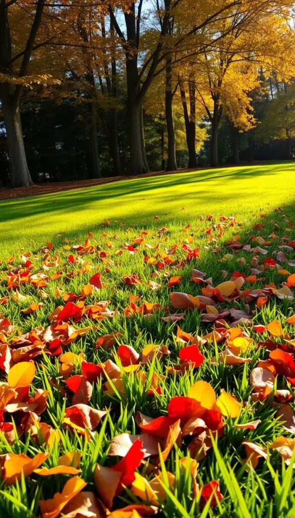A lush, well-manicured lawn in the midst of autumn, bathed in warm, golden sunlight filtering through the trees. In the foreground, a carpet of vibrant fallen leaves in shades of red, orange, and yellow, creating a cozy, natural palette. The middle ground features healthy, green grass blades, neatly trimmed and free of any weeds or blemishes. In the background, a row of tall, deciduous trees with their branches adorned with autumn foliage, casting long, soft shadows across the scene. The overall atmosphere is one of tranquility and preparation, setting the stage for a seamless transition into the winter months ahead. A lush, well-manicured lawn in the midst of autumn, bathed in warm, golden sunlight filtering through the trees. In the foreground, a carpet of vibrant fallen leaves in shades of red, orange, and yellow, creating a cozy, natural palette. The middle ground features healthy, green grass blades, neatly trimmed and free of any weeds or blemishes. In the background, a row of tall, deciduous trees with their branches adorned with autumn foliage, casting long, soft shadows across the scene. The overall atmosphere is one of tranquility and preparation, setting the stage for a seamless transition into the winter months ahead.