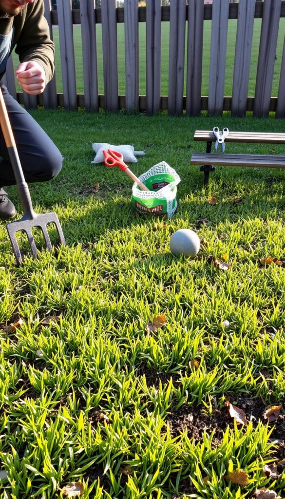 A lush, well-manicured lawn on a crisp autumn day, the grass blades glistening with morning dew. In the foreground, a gardener kneels, aerating the soil with a sturdy garden fork, preparing the ground for the coming frost. A rake and a bag of fertilizer stand nearby, ready to be used. In the middle ground, a pair of pruning shears rests on a small wooden bench, a testament to the careful grooming that will soon take place. The background features a picturesque wooden fence, its weathered planks casting long shadows across the lawn, hinting at the changing seasons. The scene is bathed in soft, warm lighting, creating a sense of tranquility and the anticipation of a well-tended garden.
