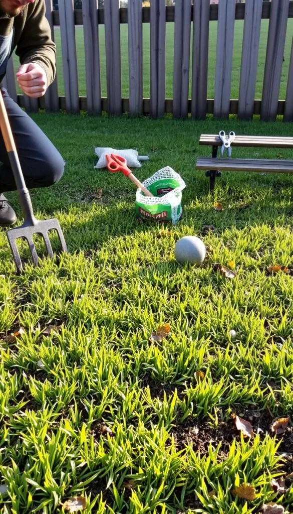 A lush, well-manicured lawn on a crisp autumn day, the grass blades glistening with morning dew. In the foreground, a gardener kneels, aerating the soil with a sturdy garden fork, preparing the ground for the coming frost. A rake and a bag of fertilizer stand nearby, ready to be used. In the middle ground, a pair of pruning shears rests on a small wooden bench, a testament to the careful grooming that will soon take place. The background features a picturesque wooden fence, its weathered planks casting long shadows across the lawn, hinting at the changing seasons. The scene is bathed in soft, warm lighting, creating a sense of tranquility and the anticipation of a well-tended garden. A lush, well-manicured lawn on a crisp autumn day, the grass blades glistening with morning dew. In the foreground, a gardener kneels, aerating the soil with a sturdy garden fork, preparing the ground for the coming frost. A rake and a bag of fertilizer stand nearby, ready to be used. In the middle ground, a pair of pruning shears rests on a small wooden bench, a testament to the careful grooming that will soon take place. The background features a picturesque wooden fence, its weathered planks casting long shadows across the lawn, hinting at the changing seasons. The scene is bathed in soft, warm lighting, creating a sense of tranquility and the anticipation of a well-tended garden.