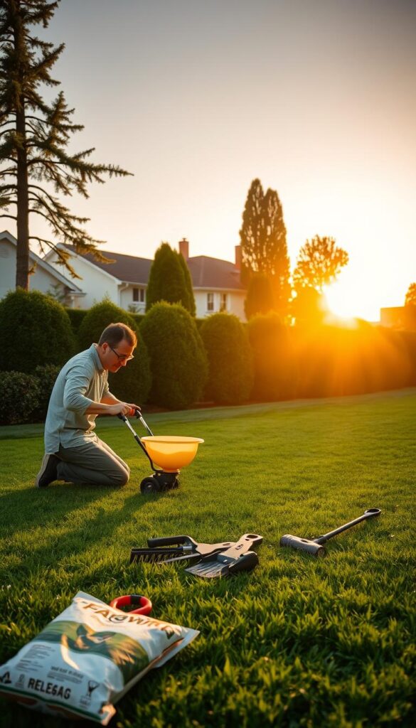 A lush, well-manicured lawn under a warm, golden-hued sunset. The foreground features a person kneeling down, carefully spreading fertilizer with a handheld spreader, their focused expression illuminated by the low, angled light. In the middle ground, an array of gardening tools and a bag of fertilizer lie neatly organized, suggesting a methodical approach. The background showcases a picturesque suburban setting, with neatly trimmed hedges and a few tall trees casting long shadows, creating a sense of depth and tranquility. The overall scene conveys the importance of timing and attention to detail when it comes to maintaining a healthy, vibrant lawn. A lush, well-manicured lawn under a warm, golden-hued sunset. The foreground features a person kneeling down, carefully spreading fertilizer with a handheld spreader, their focused expression illuminated by the low, angled light. In the middle ground, an array of gardening tools and a bag of fertilizer lie neatly organized, suggesting a methodical approach. The background showcases a picturesque suburban setting, with neatly trimmed hedges and a few tall trees casting long shadows, creating a sense of depth and tranquility. The overall scene conveys the importance of timing and attention to detail when it comes to maintaining a healthy, vibrant lawn.