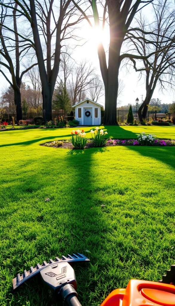 A lush, well-manicured lawn under the warm glow of the spring sun. In the foreground, a freshly mowed carpet of vibrant green grass, with a gardener's rake and lawnmower visible. The middle ground showcases a variety of seasonal flowers - blooming tulips, daffodils, and azaleas, adding splashes of color. In the background, a picturesque garden shed and a row of tall, mature trees frame the scene, casting soft, dappled shadows. The overall atmosphere is one of tranquility and the renewal of the natural world, perfectly encapsulating the essence of seasonal lawn care. A lush, well-manicured lawn under the warm glow of the spring sun. In the foreground, a freshly mowed carpet of vibrant green grass, with a gardener's rake and lawnmower visible. The middle ground showcases a variety of seasonal flowers - blooming tulips, daffodils, and azaleas, adding splashes of color. In the background, a picturesque garden shed and a row of tall, mature trees frame the scene, casting soft, dappled shadows. The overall atmosphere is one of tranquility and the renewal of the natural world, perfectly encapsulating the essence of seasonal lawn care.