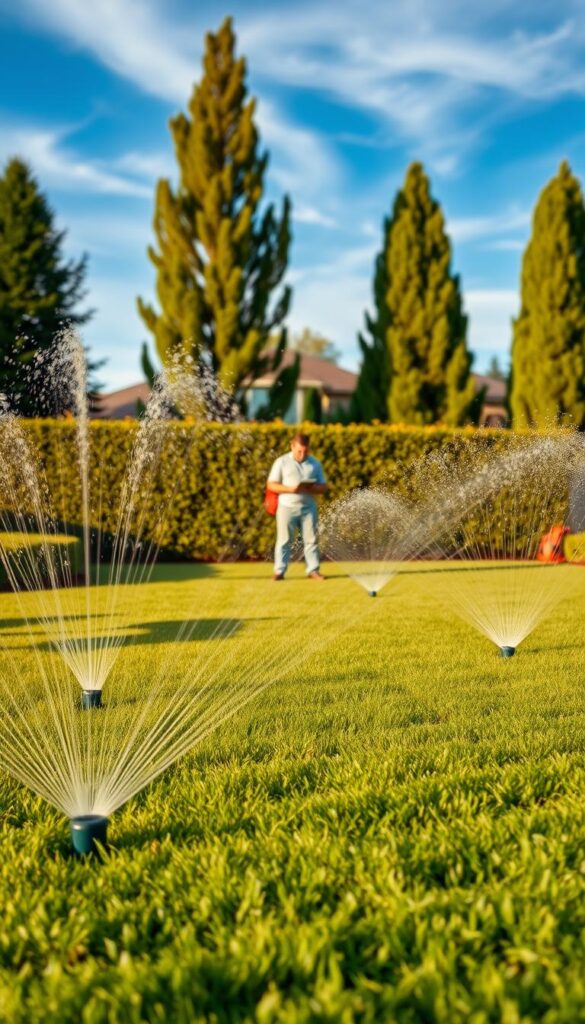 A lush, well-manicured lawn with an intricate sprinkler system running in the foreground. The sprinkler heads pop up, spraying water in an even, overlapping pattern, creating a captivating display. In the middle ground, a homeowner stands, clipboard in hand, carefully inspecting the system, analyzing the coverage and identifying any areas that may need adjustment. The background features a neatly trimmed hedge, a few tall, stately trees, and a clear, blue sky with wispy clouds overhead, conveying a sense of tranquility and balance. Warm, natural lighting illuminates the scene, creating a welcoming atmosphere and highlighting the attention to detail in the yard's design. A lush, well-manicured lawn with an intricate sprinkler system running in the foreground. The sprinkler heads pop up, spraying water in an even, overlapping pattern, creating a captivating display. In the middle ground, a homeowner stands, clipboard in hand, carefully inspecting the system, analyzing the coverage and identifying any areas that may need adjustment. The background features a neatly trimmed hedge, a few tall, stately trees, and a clear, blue sky with wispy clouds overhead, conveying a sense of tranquility and balance. Warm, natural lighting illuminates the scene, creating a welcoming atmosphere and highlighting the attention to detail in the yard's design.
