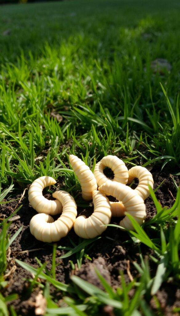 A lush, well-manicured lawn with areas of discolored grass and visible soil disturbances. In the foreground, several plump, C-shaped grubs can be seen, their pale bodies and distinct segments clearly visible against the dark soil. The lighting is soft and natural, casting gentle shadows that accentuate the grubs' textures. The camera is positioned at a low angle, capturing the grubs up-close and in detail, while the background blurs out to emphasize the focal point. The overall mood is one of close observation, inviting the viewer to examine the signs of grub infestation and understand how to identify them in their own lawn.
