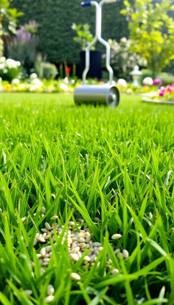 A lush, well-manicured lawn, with verdant blades of grass gently swaying in the breeze. The foreground showcases a scattering of grass seed, each individual grain visible in crisp detail. The middle ground features a lawn roller, its metal surface gleaming in the soft, natural light. In the background, a sprawling garden unfolds, lush foliage and blooming flowers adding depth and visual interest. The overall scene conveys a sense of growth, renewal, and the careful attention required to maintain a thriving, healthy lawn. A lush, well-manicured lawn, with verdant blades of grass gently swaying in the breeze. The foreground showcases a scattering of grass seed, each individual grain visible in crisp detail. The middle ground features a lawn roller, its metal surface gleaming in the soft, natural light. In the background, a sprawling garden unfolds, lush foliage and blooming flowers adding depth and visual interest. The overall scene conveys a sense of growth, renewal, and the careful attention required to maintain a thriving, healthy lawn.