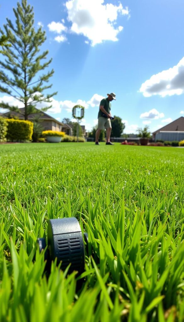 A lush, well-manicured lawn with vibrant green blades of grass, neatly trimmed and free of weeds or patches. In the foreground, a modern lawn mower with sharp blades cuts evenly through the grass, leaving behind a pristine, striped pattern. In the middle ground, a gardener in casual attire carefully trims the edges with a handheld trimmer, ensuring a crisp, clean border. The background features a picturesque suburban setting, with a clear blue sky and a few fluffy white clouds overhead, casting a warm, natural lighting across the scene. The overall atmosphere conveys a sense of pride, attention to detail, and a commitment to maintaining a beautiful, healthy lawn.