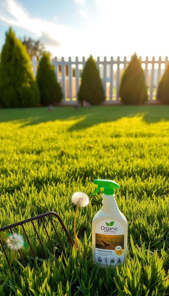 A lush, well-manicured lawn with vibrant green grass, meticulously trimmed edges, and a few scattered dandelion flowers. The scene is illuminated by warm, golden sunlight filtering through wispy clouds, casting a soft, natural glow across the landscape. In the foreground, a gardening rake and a bottle of organic pest control solution stand as symbolic reminders of the proactive measures taken to maintain a healthy, pest-free lawn. In the middle ground, a couple of birds flit playfully among the grass blades, while in the background, a neat, picket fence and a row of neatly pruned shrubs frame the idyllic scene, conveying a sense of order and attention to detail.