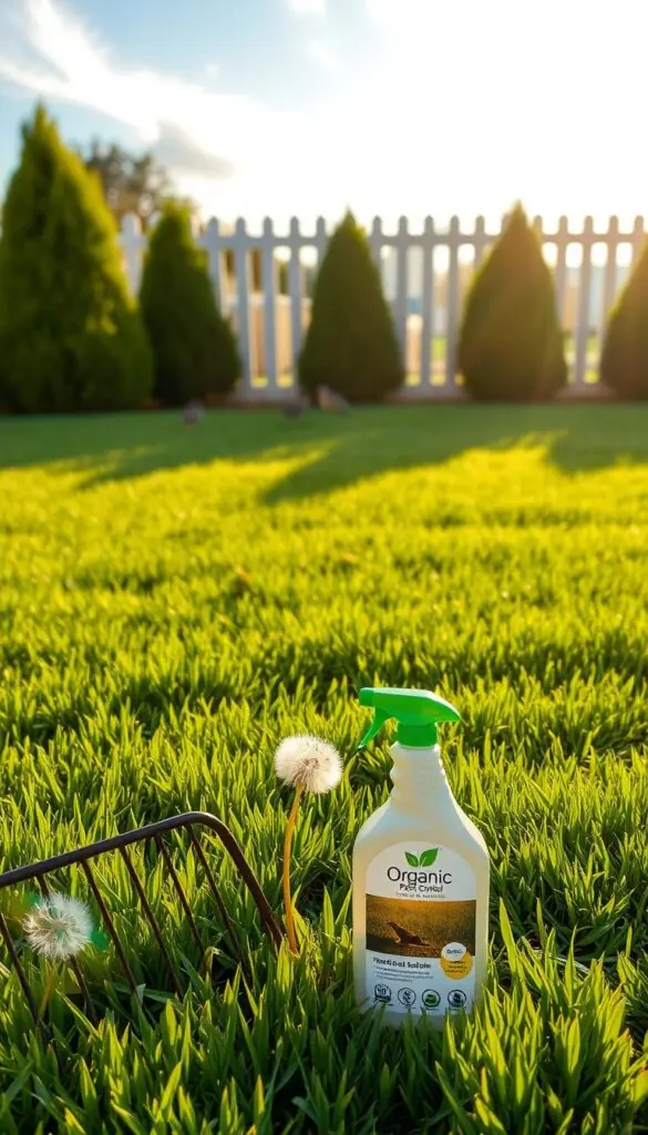 A lush, well-manicured lawn with vibrant green grass, meticulously trimmed edges, and a few scattered dandelion flowers. The scene is illuminated by warm, golden sunlight filtering through wispy clouds, casting a soft, natural glow across the landscape. In the foreground, a gardening rake and a bottle of organic pest control solution stand as symbolic reminders of the proactive measures taken to maintain a healthy, pest-free lawn. In the middle ground, a couple of birds flit playfully among the grass blades, while in the background, a neat, picket fence and a row of neatly pruned shrubs frame the idyllic scene, conveying a sense of order and attention to detail. A lush, well-manicured lawn with vibrant green grass, meticulously trimmed edges, and a few scattered dandelion flowers. The scene is illuminated by warm, golden sunlight filtering through wispy clouds, casting a soft, natural glow across the landscape. In the foreground, a gardening rake and a bottle of organic pest control solution stand as symbolic reminders of the proactive measures taken to maintain a healthy, pest-free lawn. In the middle ground, a couple of birds flit playfully among the grass blades, while in the background, a neat, picket fence and a row of neatly pruned shrubs frame the idyllic scene, conveying a sense of order and attention to detail.
