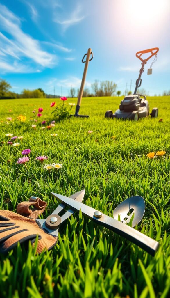 A lush, well-manicured spring lawn, with vibrant green grass and a scattering of colorful blooming flowers. In the foreground, a pair of gardening gloves, a pair of pruning shears, and a metal hand trowel sit atop the neatly trimmed grass, indicating the lawn care tools in use. In the middle ground, a wooden-handled rake and a lawn mower with sharp blades stand ready for action. The background features a clear blue sky with wispy clouds, and the warm, golden light of the spring sun casts a soft, inviting glow over the entire scene. The overall atmosphere conveys a sense of renewal, productivity, and the joyful embrace of the new season. A lush, well-manicured spring lawn, with vibrant green grass and a scattering of colorful blooming flowers. In the foreground, a pair of gardening gloves, a pair of pruning shears, and a metal hand trowel sit atop the neatly trimmed grass, indicating the lawn care tools in use. In the middle ground, a wooden-handled rake and a lawn mower with sharp blades stand ready for action. The background features a clear blue sky with wispy clouds, and the warm, golden light of the spring sun casts a soft, inviting glow over the entire scene. The overall atmosphere conveys a sense of renewal, productivity, and the joyful embrace of the new season.