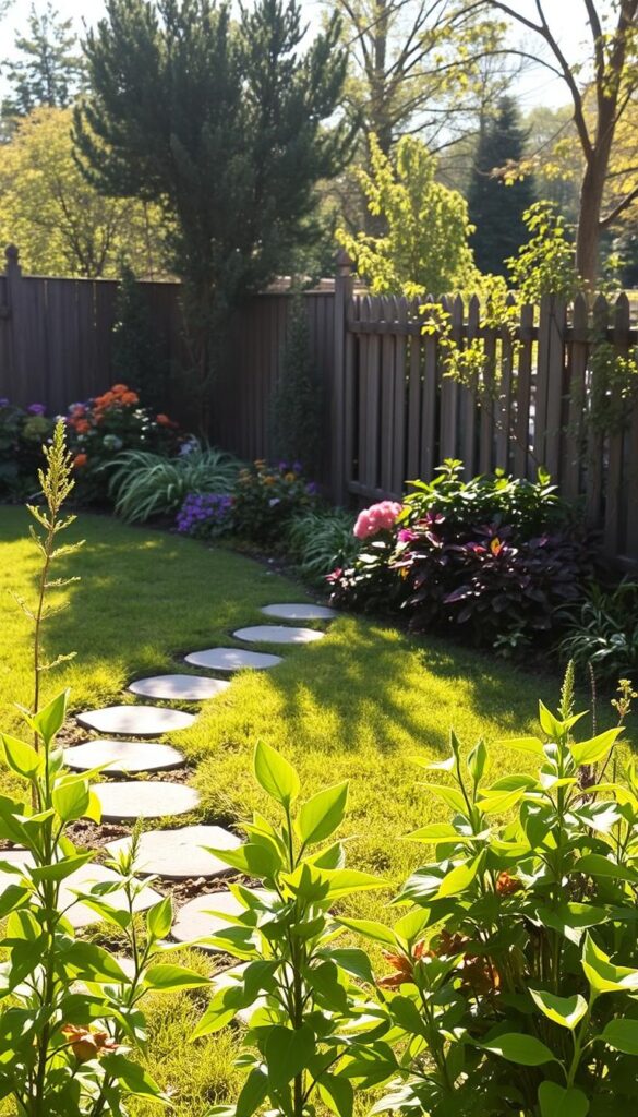 A lush, well-manicured yard in the height of spring, with a neatly trimmed lawn, flourishing plants, and a mix of colorful flowers. The scene is bathed in warm, diffused sunlight, creating a soft, inviting ambiance. In the foreground, a variety of leafy houseplants stand tall and vibrant, their leaves glistening with a natural sheen. The middle ground features a stone path winding through the greenery, leading the eye towards a charming wooden fence in the background. The overall atmosphere conveys a sense of tranquility and harmony, perfectly complementing the article's focus on caring for plant leaves.