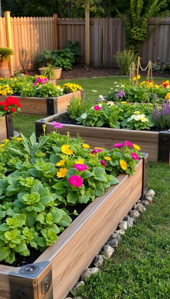 A lush, well-organized raised garden bed filled with vibrant vegetables and colorful blooms, situated in a neatly manicured backyard. The beds are constructed with sturdy, weathered wooden frames, their edges carefully trimmed and edged with decorative stones. Warm, soft lighting casts a gentle glow over the scene, accentuating the verdant foliage and delicate flower petals. The overall atmosphere is one of tranquility and pride, inviting the viewer to envision themselves tending to this serene, productive garden oasis.