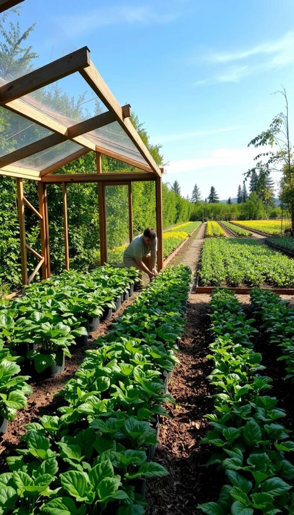 A lush, well-tended cold frame garden set against a backdrop of verdant foliage and a clear, crisp sky. In the foreground, rows of leafy greens and delicate seedlings are carefully tended, their vibrant colors contrasting with the weathered wooden frame that protects them. Sunlight filters through the angled glass panels, casting a warm glow over the scene. The middle ground features a gardener, kneeling and tending to the plants with gentle care, their movements graceful and purposeful. In the background, a sprawling vegetable patch extends, its diverse crops thriving under the watchful eye of the cold frame. The overall atmosphere is one of peaceful productivity, a harmonious interplay of nature, craftsmanship, and human stewardship. A lush, well-tended cold frame garden set against a backdrop of verdant foliage and a clear, crisp sky. In the foreground, rows of leafy greens and delicate seedlings are carefully tended, their vibrant colors contrasting with the weathered wooden frame that protects them. Sunlight filters through the angled glass panels, casting a warm glow over the scene. The middle ground features a gardener, kneeling and tending to the plants with gentle care, their movements graceful and purposeful. In the background, a sprawling vegetable patch extends, its diverse crops thriving under the watchful eye of the cold frame. The overall atmosphere is one of peaceful productivity, a harmonious interplay of nature, craftsmanship, and human stewardship.