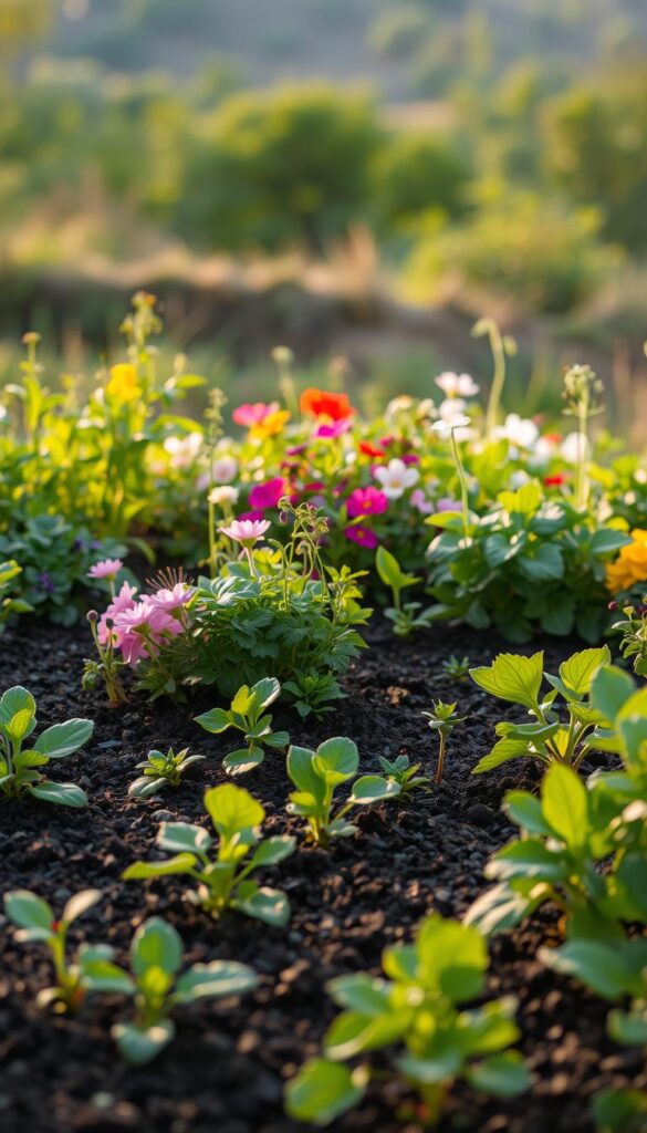A lush, well-tended flower garden in the foreground, with a variety of healthy, vibrant plants thriving in the rich, dark soil. The middle ground features a mixture of perennials, annuals, and foliage plants, each with their own unique textures and colors. In the background, a soft, blurred natural landscape provides a serene and peaceful backdrop. The scene is illuminated by warm, diffuse natural lighting, creating a gentle, inviting atmosphere. The composition is balanced and visually appealing, showcasing the perfect symbiosis between the plants and their nurturing soil.