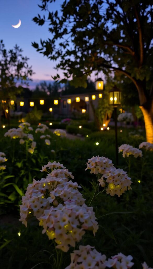 A lush, well-tended garden at dusk, its blooming flowers softly illuminated by a mix of warm, ambient lighting. In the foreground, clusters of delicate blossoms are gently highlighted by strategically placed ground-level spotlights, casting a flattering glow on the petals. In the middle ground, decorative lanterns hung from tree branches and along garden paths create a magical, enchanted atmosphere. The background features a serene, twilight sky with a crescent moon, complementing the tranquil, romantic mood. The lighting is balanced, neither overpowering nor too dim, accentuating the natural beauty of the flowers while maintaining an inviting, welcoming ambiance. A lush, well-tended garden at dusk, its blooming flowers softly illuminated by a mix of warm, ambient lighting. In the foreground, clusters of delicate blossoms are gently highlighted by strategically placed ground-level spotlights, casting a flattering glow on the petals. In the middle ground, decorative lanterns hung from tree branches and along garden paths create a magical, enchanted atmosphere. The background features a serene, twilight sky with a crescent moon, complementing the tranquil, romantic mood. The lighting is balanced, neither overpowering nor too dim, accentuating the natural beauty of the flowers while maintaining an inviting, welcoming ambiance.