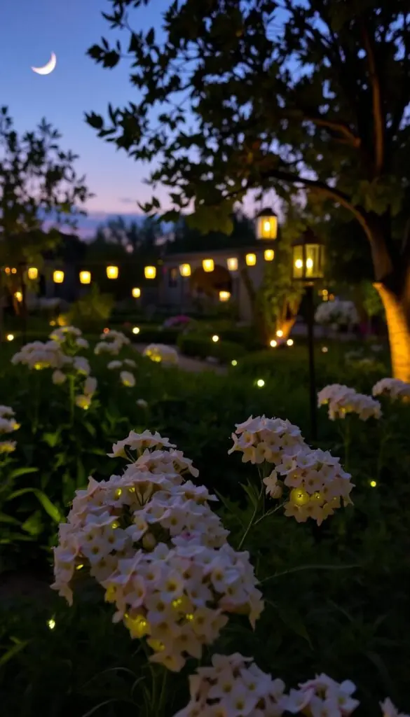 A lush, well-tended garden at dusk, its blooming flowers softly illuminated by a mix of warm, ambient lighting. In the foreground, clusters of delicate blossoms are gently highlighted by strategically placed ground-level spotlights, casting a flattering glow on the petals. In the middle ground, decorative lanterns hung from tree branches and along garden paths create a magical, enchanted atmosphere. The background features a serene, twilight sky with a crescent moon, complementing the tranquil, romantic mood. The lighting is balanced, neither overpowering nor too dim, accentuating the natural beauty of the flowers while maintaining an inviting, welcoming ambiance. A lush, well-tended garden at dusk, its blooming flowers softly illuminated by a mix of warm, ambient lighting. In the foreground, clusters of delicate blossoms are gently highlighted by strategically placed ground-level spotlights, casting a flattering glow on the petals. In the middle ground, decorative lanterns hung from tree branches and along garden paths create a magical, enchanted atmosphere. The background features a serene, twilight sky with a crescent moon, complementing the tranquil, romantic mood. The lighting is balanced, neither overpowering nor too dim, accentuating the natural beauty of the flowers while maintaining an inviting, welcoming ambiance.