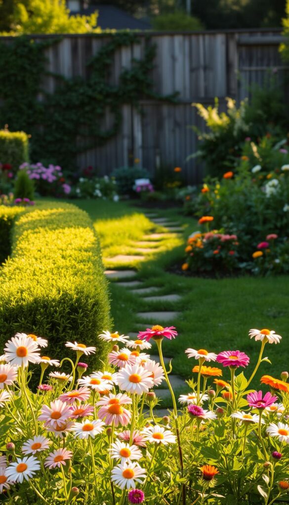 A lush, well-tended garden bathed in warm, golden afternoon light. In the foreground, a vibrant mix of low-maintenance flowers in soft pastel hues - daisies, marigolds, and zinnias - swaying gently in a light breeze. Beyond, a neatly trimmed hedge frames a meandering path leading deeper into the garden, where a variety of blooming shrubs and small trees create a sense of depth and tranquility. The background features a weathered wooden fence partially obscured by climbing vines, hinting at the peaceful, secluded nature of this inviting outdoor space. A lush, well-tended garden bathed in warm, golden afternoon light. In the foreground, a vibrant mix of low-maintenance flowers in soft pastel hues - daisies, marigolds, and zinnias - swaying gently in a light breeze. Beyond, a neatly trimmed hedge frames a meandering path leading deeper into the garden, where a variety of blooming shrubs and small trees create a sense of depth and tranquility. The background features a weathered wooden fence partially obscured by climbing vines, hinting at the peaceful, secluded nature of this inviting outdoor space.
