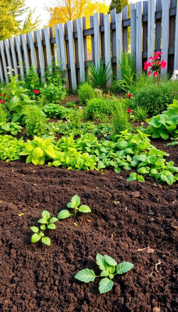 A lush, well-tended garden bed in autumn, with a gentle slope and a mix of vibrant foliage. In the foreground, neatly arranged rows of deep, rich, dark brown compost-amended soil, ready to receive new plantings. The middle ground features a variety of thriving herbs, vegetables, and flowers, their leaves and petals in shades of green, red, and gold, catching the warm, diffused light of the late afternoon sun. In the background, a picturesque wooden fence frames the scene, providing a sense of enclosure and tranquility. The overall atmosphere is one of abundance, productivity, and the harmonious interplay of nature's cycles.