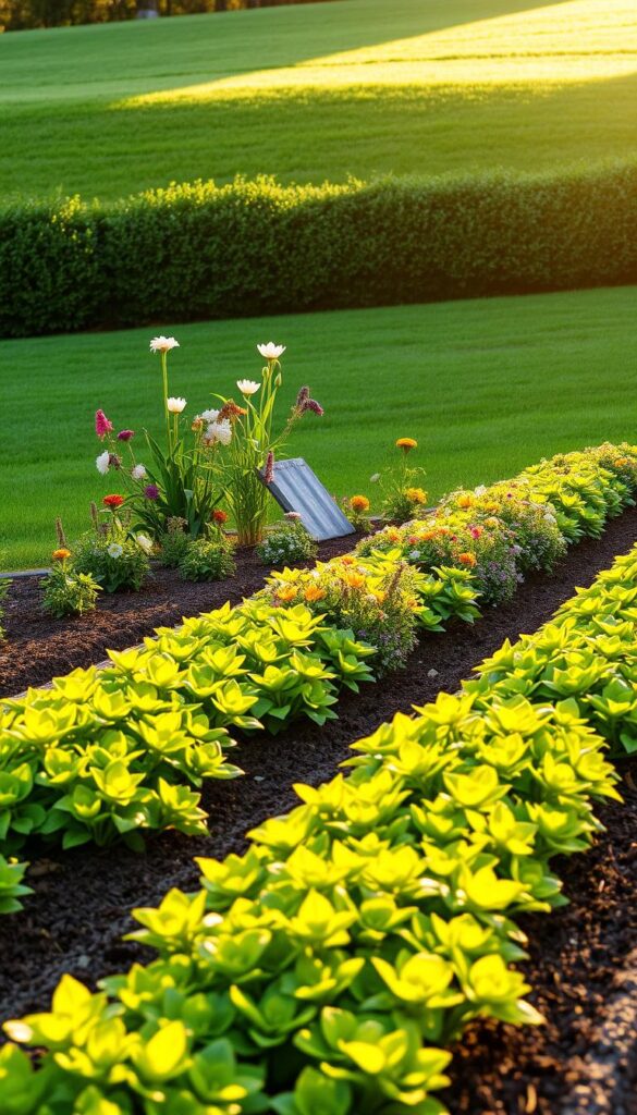 A lush, well-tended garden bed with rows of vibrant, healthy plants in the foreground. The beds are neatly edged and mulched, creating a sense of order and intentionality. In the middle ground, a variety of perennials and annuals sway gently in a soft breeze, their colors complementing each other. The background features a well-manicured lawn, its green hue a perfect contrast to the blooming flowers. The scene is illuminated by warm, natural light, casting a golden glow over the entire landscape. The overall impression is one of a refreshed, revitalized garden, ready to welcome the new season.