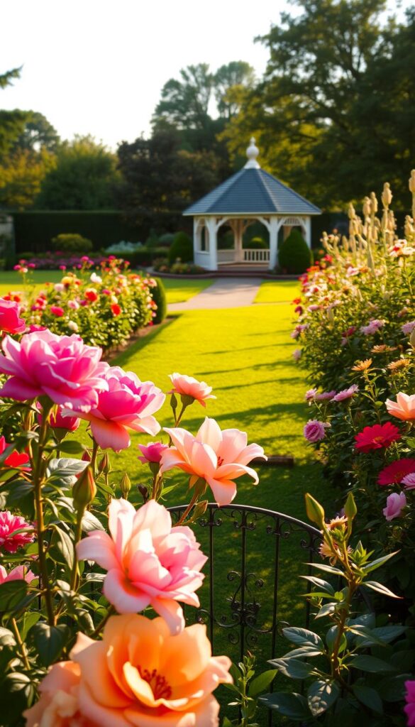 A lush, well-tended garden in the afternoon sun, with vibrant blooms in the foreground and a neatly maintained lawn leading to a picturesque gazebo in the background. The garden is filled with a variety of colorful flowers, including roses, peonies, and lilies, their petals gently swaying in a soft breeze. The scene is captured with a wide-angle lens, showcasing the depth and complexity of the garden. The lighting is warm and natural, casting long shadows and highlighting the textures of the plants. The overall atmosphere is one of tranquility and beauty, inviting the viewer to imagine themselves in this serene, well-maintained outdoor space. A lush, well-tended garden in the afternoon sun, with vibrant blooms in the foreground and a neatly maintained lawn leading to a picturesque gazebo in the background. The garden is filled with a variety of colorful flowers, including roses, peonies, and lilies, their petals gently swaying in a soft breeze. The scene is captured with a wide-angle lens, showcasing the depth and complexity of the garden. The lighting is warm and natural, casting long shadows and highlighting the textures of the plants. The overall atmosphere is one of tranquility and beauty, inviting the viewer to imagine themselves in this serene, well-maintained outdoor space.