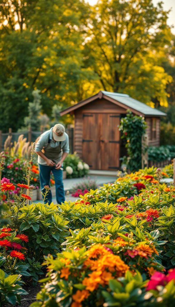 A lush, well-tended garden in the changing seasons. In the foreground, a gardener carefully tending to vibrant flowers and verdant plants, pruning and weeding with precision. The middle ground features an array of plants carefully arranged, their leaves rustling gently in a soft breeze. In the background, a wooden garden shed stands amidst a backdrop of verdant trees and a warm, golden-hued sky, capturing the essence of seasonal garden care. Soft, natural lighting illuminates the scene, creating a serene and inviting atmosphere. The overall composition emphasizes the importance of mindful plant placement, timing, and maintenance for a thriving, humidity-rich garden.