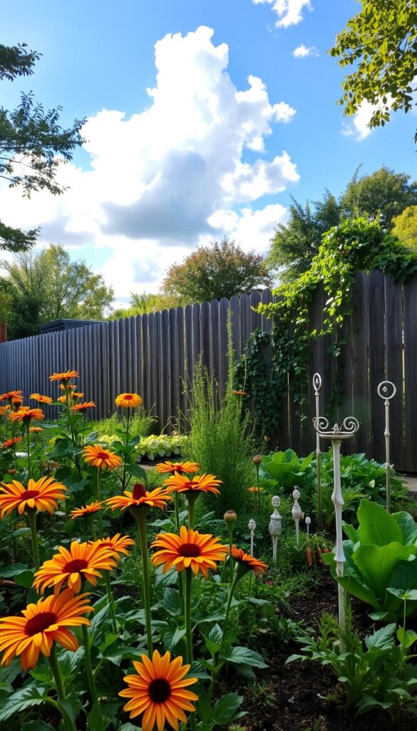 A lush, well-tended garden in the midst of a seasonal transformation. In the foreground, a collection of vibrant blooms in warm hues - sunflowers, zinnias, and marigolds - sway gently in the soft breeze. Mid-ground, a neat row of flourishing vegetable plants - carrots, lettuce, and herbs - interspersed with whimsical garden ornaments. The background features a wooden fence, partially obscured by a trailing vine, and a clear blue sky with fluffy white clouds. Dappled sunlight filters through the surrounding trees, casting a golden glow over the entire scene. An inviting, serene atmosphere that captures the essence of a thriving, ever-changing garden in the cycle of the seasons. A lush, well-tended garden in the midst of a seasonal transformation. In the foreground, a collection of vibrant blooms in warm hues - sunflowers, zinnias, and marigolds - sway gently in the soft breeze. Mid-ground, a neat row of flourishing vegetable plants - carrots, lettuce, and herbs - interspersed with whimsical garden ornaments. The background features a wooden fence, partially obscured by a trailing vine, and a clear blue sky with fluffy white clouds. Dappled sunlight filters through the surrounding trees, casting a golden glow over the entire scene. An inviting, serene atmosphere that captures the essence of a thriving, ever-changing garden in the cycle of the seasons.