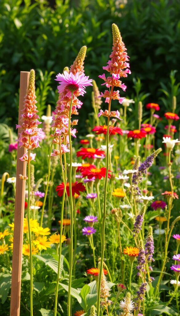 A lush, well-tended garden on a warm summer day. In the foreground, tall, vibrant flowers sway gently in the breeze, their delicate petals basking in the soft, golden light. Sturdy wooden stakes provide support, ensuring the blooms stand tall and proud, unimpeded by the natural forces around them. The middle ground reveals a diverse array of complementary flowers, their colors and textures creating a harmonious and visually striking composition. In the background, a verdant backdrop of leafy plants and foliage frames the scene, adding depth and a sense of tranquility. The overall atmosphere is one of care, attention, and the celebration of nature's beauty. A lush, well-tended garden on a warm summer day. In the foreground, tall, vibrant flowers sway gently in the breeze, their delicate petals basking in the soft, golden light. Sturdy wooden stakes provide support, ensuring the blooms stand tall and proud, unimpeded by the natural forces around them. The middle ground reveals a diverse array of complementary flowers, their colors and textures creating a harmonious and visually striking composition. In the background, a verdant backdrop of leafy plants and foliage frames the scene, adding depth and a sense of tranquility. The overall atmosphere is one of care, attention, and the celebration of nature's beauty.