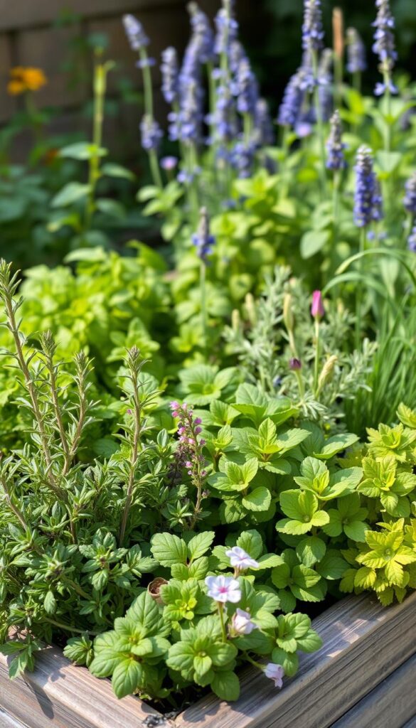A lush, well-tended herb garden in natural daylight, with a focal point showcasing a variety of companion-planted herbs thriving together in a raised planter. The foreground features fragrant rosemary, sage, and thyme, their vibrant green leaves and delicate flowers arranged harmoniously. In the middle ground, a mix of basil, parsley, and chives add pops of color and texture, while the background contains taller, leafy plants like lemon balm and bee-attracting lavender, creating a sense of depth and balance. The lighting is soft and diffused, casting gentle shadows that accentuate the plants' shapes and details. The overall scene conveys a sense of nurturing, cooperative growth, and the natural beauty of companion planting for both flavor and pest control. A lush, well-tended herb garden in natural daylight, with a focal point showcasing a variety of companion-planted herbs thriving together in a raised planter. The foreground features fragrant rosemary, sage, and thyme, their vibrant green leaves and delicate flowers arranged harmoniously. In the middle ground, a mix of basil, parsley, and chives add pops of color and texture, while the background contains taller, leafy plants like lemon balm and bee-attracting lavender, creating a sense of depth and balance. The lighting is soft and diffused, casting gentle shadows that accentuate the plants' shapes and details. The overall scene conveys a sense of nurturing, cooperative growth, and the natural beauty of companion planting for both flavor and pest control.