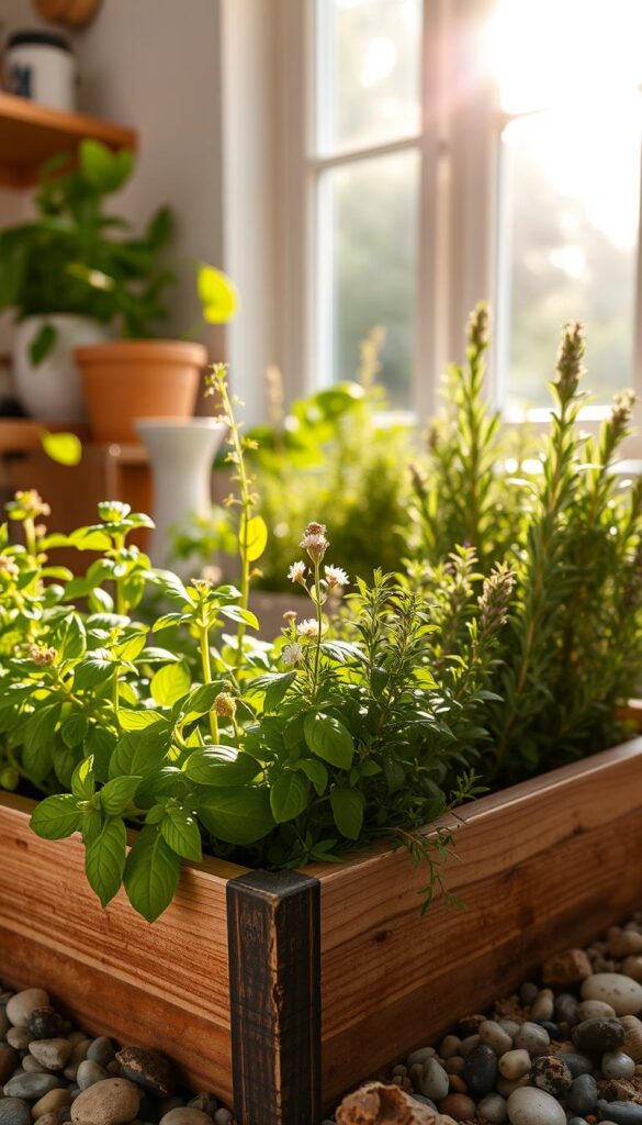 A lush, well-tended kitchen herb garden in the afternoon sunlight. In the foreground, a vibrant arrangement of basil, thyme, and rosemary plants with rich, verdant foliage and delicate flowers. The middle ground features a wooden planter box with a rustic, weathered finish, surrounded by loose soil and pebbles. In the background, a warm, golden glow filters through a large window, casting a soft, natural light over the scene. The composition is balanced and visually pleasing, inviting the viewer to imagine the aromatic fragrances and culinary possibilities of these versatile herbs. A lush, well-tended kitchen herb garden in the afternoon sunlight. In the foreground, a vibrant arrangement of basil, thyme, and rosemary plants with rich, verdant foliage and delicate flowers. The middle ground features a wooden planter box with a rustic, weathered finish, surrounded by loose soil and pebbles. In the background, a warm, golden glow filters through a large window, casting a soft, natural light over the scene. The composition is balanced and visually pleasing, inviting the viewer to imagine the aromatic fragrances and culinary possibilities of these versatile herbs.