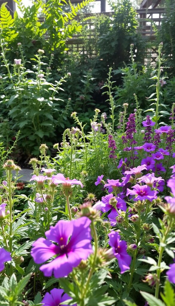 A lush, well-tended perennial garden under soft, diffused natural lighting. In the foreground, a mix of vibrant purple and pink flowers, their petals softly illuminated. The middle ground features a variety of perennial foliage in shades of green, with delicate textures and graceful shapes. In the background, a glimpse of a wooden fence or trellis, providing a sense of depth and enclosure. The overall atmosphere is one of tranquility and natural beauty, inviting the viewer to appreciate the delicate balance of a healthy perennial landscape. A lush, well-tended perennial garden under soft, diffused natural lighting. In the foreground, a mix of vibrant purple and pink flowers, their petals softly illuminated. The middle ground features a variety of perennial foliage in shades of green, with delicate textures and graceful shapes. In the background, a glimpse of a wooden fence or trellis, providing a sense of depth and enclosure. The overall atmosphere is one of tranquility and natural beauty, inviting the viewer to appreciate the delicate balance of a healthy perennial landscape.