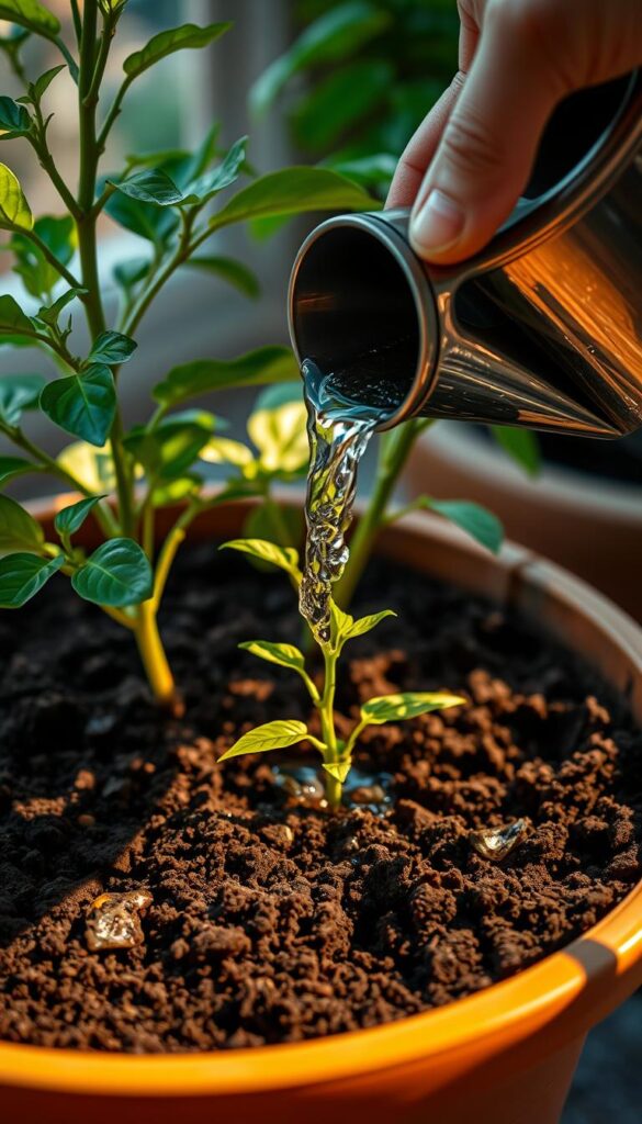 A lush, well-tended potted garden, with a close-up view of a hand gently pouring water onto dark, nutrient-rich soil. The sunlight casts a warm, golden glow, highlighting the moisture seeping into the earth. The soil is a deep, earthy brown, with visible signs of organic matter and healthy texture. The hand holding the watering can is in focus, showcasing the care and attention being given to the plant's needs. The background is softly blurred, creating a sense of depth and emphasis on the act of watering. The overall mood is one of tranquility, nurturing, and the promise of vibrant, flavorful pepper growth.