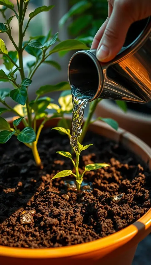 A lush, well-tended potted garden, with a close-up view of a hand gently pouring water onto dark, nutrient-rich soil. The sunlight casts a warm, golden glow, highlighting the moisture seeping into the earth. The soil is a deep, earthy brown, with visible signs of organic matter and healthy texture. The hand holding the watering can is in focus, showcasing the care and attention being given to the plant's needs. The background is softly blurred, creating a sense of depth and emphasis on the act of watering. The overall mood is one of tranquility, nurturing, and the promise of vibrant, flavorful pepper growth. A lush, well-tended potted garden, with a close-up view of a hand gently pouring water onto dark, nutrient-rich soil. The sunlight casts a warm, golden glow, highlighting the moisture seeping into the earth. The soil is a deep, earthy brown, with visible signs of organic matter and healthy texture. The hand holding the watering can is in focus, showcasing the care and attention being given to the plant's needs. The background is softly blurred, creating a sense of depth and emphasis on the act of watering. The overall mood is one of tranquility, nurturing, and the promise of vibrant, flavorful pepper growth.