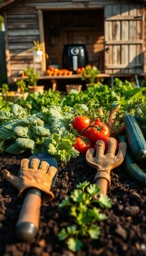 A lush, well-tended vegetable garden, the foreground showcasing an assortment of high-quality gardening tools - a sturdy trowel, a pair of leather gloves, and a small rake, all arranged on a bed of rich, dark soil. In the middle ground, various homegrown vegetables flourish, from plump tomatoes and crisp lettuce to vibrant carrots and zucchini, bathed in warm, directional lighting. The background features a cozy wooden shed, its weathered boards and a charming air fryer suggesting a harmonious blend of functionality and rustic charm. The overall scene conveys a sense of productivity, efficiency, and the joys of cultivating one's own fresh, wholesome produce. A lush, well-tended vegetable garden, the foreground showcasing an assortment of high-quality gardening tools - a sturdy trowel, a pair of leather gloves, and a small rake, all arranged on a bed of rich, dark soil. In the middle ground, various homegrown vegetables flourish, from plump tomatoes and crisp lettuce to vibrant carrots and zucchini, bathed in warm, directional lighting. The background features a cozy wooden shed, its weathered boards and a charming air fryer suggesting a harmonious blend of functionality and rustic charm. The overall scene conveys a sense of productivity, efficiency, and the joys of cultivating one's own fresh, wholesome produce.
