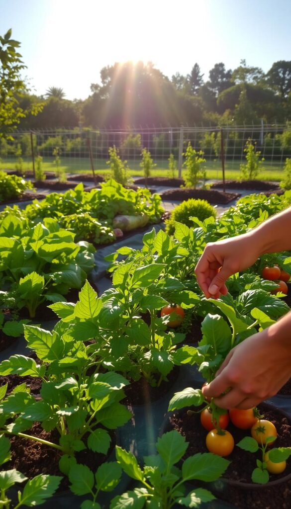 A lush, well-tended vegetable garden under the warm glow of a golden afternoon sun. In the foreground, a gardener's hands carefully tending to freshly planted seedlings, their concentration evident. The middle ground showcases a variety of healthy, thriving vegetable plants - vibrant green leafy greens, plump tomatoes, and crisp root vegetables. The background features a neatly fenced plot, with a backdrop of verdant trees and a clear, azure sky. The overall scene conveys a sense of productivity, tranquility, and the rewarding connection between human and nature. A lush, well-tended vegetable garden under the warm glow of a golden afternoon sun. In the foreground, a gardener's hands carefully tending to freshly planted seedlings, their concentration evident. The middle ground showcases a variety of healthy, thriving vegetable plants - vibrant green leafy greens, plump tomatoes, and crisp root vegetables. The background features a neatly fenced plot, with a backdrop of verdant trees and a clear, azure sky. The overall scene conveys a sense of productivity, tranquility, and the rewarding connection between human and nature.