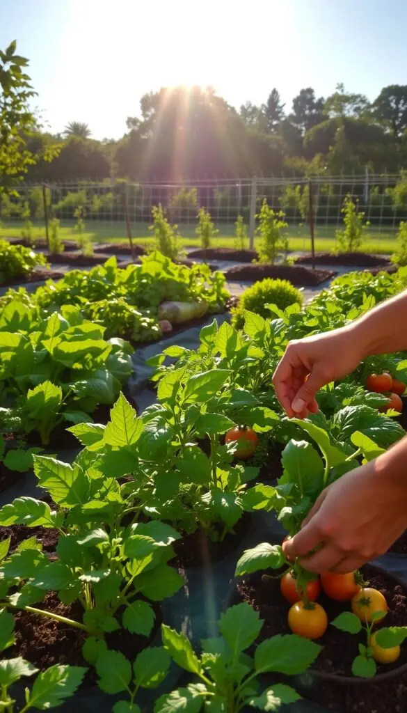 A lush, well-tended vegetable garden under the warm glow of a golden afternoon sun. In the foreground, a gardener's hands carefully tending to freshly planted seedlings, their concentration evident. The middle ground showcases a variety of healthy, thriving vegetable plants - vibrant green leafy greens, plump tomatoes, and crisp root vegetables. The background features a neatly fenced plot, with a backdrop of verdant trees and a clear, azure sky. The overall scene conveys a sense of productivity, tranquility, and the rewarding connection between human and nature. A lush, well-tended vegetable garden under the warm glow of a golden afternoon sun. In the foreground, a gardener's hands carefully tending to freshly planted seedlings, their concentration evident. The middle ground showcases a variety of healthy, thriving vegetable plants - vibrant green leafy greens, plump tomatoes, and crisp root vegetables. The background features a neatly fenced plot, with a backdrop of verdant trees and a clear, azure sky. The overall scene conveys a sense of productivity, tranquility, and the rewarding connection between human and nature.