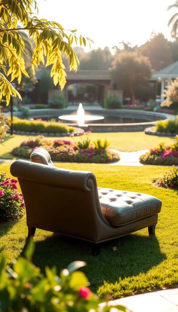 A luxurious chaise lounge nestled in a lush, well-manicured backyard. The foreground features a plush, inviting chaise with buttery soft leather upholstery and elegant, gently curved lines. The middle ground showcases a vibrant, verdant lawn dotted with blooming flower beds and lush greenery. In the background, a serene, tranquil pond reflects the warm, golden sunlight, creating a picturesque scene reminiscent of a high-end resort. The lighting is soft and natural, casting a warm, inviting glow over the entire setting. Captured through a medium-wide angle lens, the composition emphasizes the sense of relaxation and escapism, perfectly embodying the "Splurge-Worthy Seating" theme. A luxurious chaise lounge nestled in a lush, well-manicured backyard. The foreground features a plush, inviting chaise with buttery soft leather upholstery and elegant, gently curved lines. The middle ground showcases a vibrant, verdant lawn dotted with blooming flower beds and lush greenery. In the background, a serene, tranquil pond reflects the warm, golden sunlight, creating a picturesque scene reminiscent of a high-end resort. The lighting is soft and natural, casting a warm, inviting glow over the entire setting. Captured through a medium-wide angle lens, the composition emphasizes the sense of relaxation and escapism, perfectly embodying the "Splurge-Worthy Seating" theme.