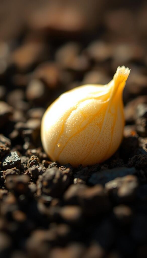 A macro close-up of a healthy, vibrant seed nestled in rich, dark soil. The seed's delicate, intricate exterior is illuminated by soft, warm natural lighting, casting subtle shadows that enhance its organic texture. The background is slightly blurred, creating a sense of focus on the seed itself. The overall composition conveys a sense of new life, potential, and the promise of growth - perfectly capturing the essence of "Seed smart: repair bare spots, overseed thin areas, and water right" for a spring lawn preparation. A macro close-up of a healthy, vibrant seed nestled in rich, dark soil. The seed's delicate, intricate exterior is illuminated by soft, warm natural lighting, casting subtle shadows that enhance its organic texture. The background is slightly blurred, creating a sense of focus on the seed itself. The overall composition conveys a sense of new life, potential, and the promise of growth - perfectly capturing the essence of "Seed smart: repair bare spots, overseed thin areas, and water right" for a spring lawn preparation.