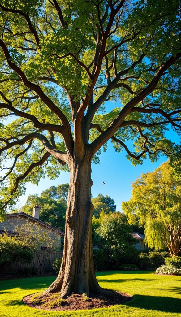 A majestic oak tree stands tall in the foreground, its broad canopy casting a warm, dappled shade over a lush, grassy backyard. The tree's gnarled trunk rises from the earth, its branches reaching skyward, providing a natural perch for birds that flit and chirp among the verdant leaves. The midground features a mix of smaller trees and shrubs, creating a layered, textured landscape. In the background, a cloudless azure sky adds to the serene, tranquil atmosphere. Soft, directional lighting illuminates the scene, highlighting the tree's intricate bark and the vibrant greenery. Captured with a wide-angle lens, the image conveys a sense of depth and scale, inviting the viewer to step into this peaceful, inviting backyard oasis. A majestic oak tree stands tall in the foreground, its broad canopy casting a warm, dappled shade over a lush, grassy backyard. The tree's gnarled trunk rises from the earth, its branches reaching skyward, providing a natural perch for birds that flit and chirp among the verdant leaves. The midground features a mix of smaller trees and shrubs, creating a layered, textured landscape. In the background, a cloudless azure sky adds to the serene, tranquil atmosphere. Soft, directional lighting illuminates the scene, highlighting the tree's intricate bark and the vibrant greenery. Captured with a wide-angle lens, the image conveys a sense of depth and scale, inviting the viewer to step into this peaceful, inviting backyard oasis.