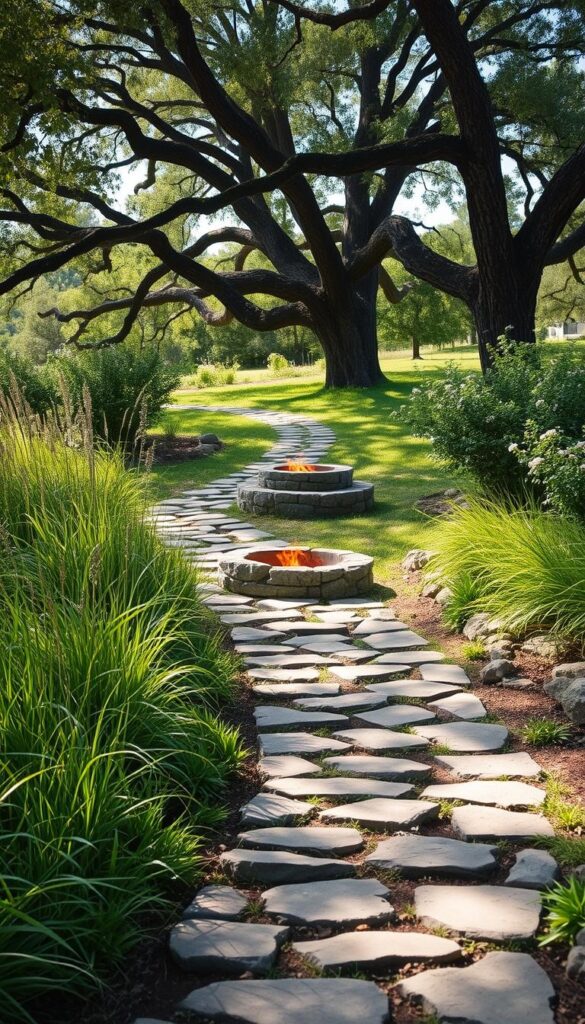 A meandering stone pathway leads through a lush, verdant landscape, guiding the eye towards a cozy, inviting fire pit nestled in a secluded clearing. The path is flanked by tall, swaying grasses and the occasional flowering shrub, casting gentle shadows across the weathered stones. Overhead, the dappled sunlight filters through the canopy of ancient oaks, creating a warm, intimate atmosphere. The fire pit itself sits upon a raised platform, its rough-hewn stones reflecting the glow of the flames that dance within, beckoning visitors to pause, relax, and savor the moment. This idyllic scene evokes a sense of tranquility and connection with the natural world, inviting the viewer to embark on a journey towards this captivating destination.