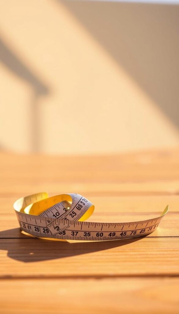 A measuring tape curled on a smooth wooden surface, casting soft shadows in the warm, diffused lighting. In the foreground, the numbered markings stand out in crisp detail, inviting the viewer to imagine the various measurements needed for outdoor furniture selection. The middle ground features a minimalist, natural-toned setting, allowing the focus to remain on the central measuring tool. The background blurs softly, creating a sense of depth and emphasizing the importance of the measurement process in the overall furniture buying experience.