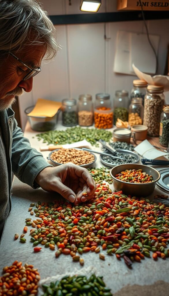 A meticulously clean workspace, bathed in warm, diffused lighting. In the foreground, a farmer's weathered hands carefully examine a selection of vibrant vegetable seeds, checking for any signs of disease or imperfections. The middle ground features a variety of seed cleaning tools - sieves, tweezers, and magnifying glasses - arranged with precision. In the background, neatly labeled jars and envelopes suggest a well-organized seed storage system. The overall atmosphere conveys a sense of diligence, attention to detail, and a deep respect for the health and vitality of the precious seeds being preserved. A meticulously clean workspace, bathed in warm, diffused lighting. In the foreground, a farmer's weathered hands carefully examine a selection of vibrant vegetable seeds, checking for any signs of disease or imperfections. The middle ground features a variety of seed cleaning tools - sieves, tweezers, and magnifying glasses - arranged with precision. In the background, neatly labeled jars and envelopes suggest a well-organized seed storage system. The overall atmosphere conveys a sense of diligence, attention to detail, and a deep respect for the health and vitality of the precious seeds being preserved.