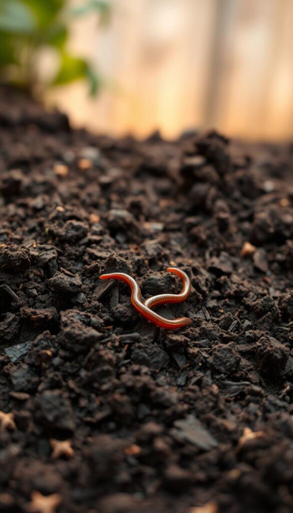 A meticulously crafted close-up of rich, dark loamy soil, freshly turned and teeming with organic matter. The foreground showcases the soil's complex texture, with visible flecks of decomposed plant matter and the occasional earthworm wriggling through. The middle ground reveals the soil's depth, hinting at the hidden network of roots and microbial life thriving beneath the surface. In the background, a soft, diffused light bathes the scene, creating a warm, earthy atmosphere that evokes the nurturing, life-giving nature of this essential gardening medium. Captured with a macro lens, the image emphasizes the soil's intricate structure and fertility, inspiring confidence in its ability to support robust plant growth. A meticulously crafted close-up of rich, dark loamy soil, freshly turned and teeming with organic matter. The foreground showcases the soil's complex texture, with visible flecks of decomposed plant matter and the occasional earthworm wriggling through. The middle ground reveals the soil's depth, hinting at the hidden network of roots and microbial life thriving beneath the surface. In the background, a soft, diffused light bathes the scene, creating a warm, earthy atmosphere that evokes the nurturing, life-giving nature of this essential gardening medium. Captured with a macro lens, the image emphasizes the soil's intricate structure and fertility, inspiring confidence in its ability to support robust plant growth.