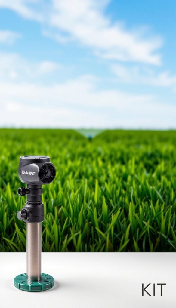 A meticulously crafted rain bird sprinkler kit, showcased against a lush green lawn. The kit, with its sleek and compact design, stands prominently in the foreground, illuminated by soft, natural lighting that accentuates its intricate components. In the middle ground, the sprinkler heads emerge from the well-manicured grass, hinting at the kit's efficient water distribution capabilities. The background features a serene, idyllic outdoor setting, with a clear blue sky and the gentle presence of wispy clouds, conveying a sense of ease and simplicity for the installation and setup process. The overall composition and attention to detail elevate the rain bird kit, positioning it as a reliable and user-friendly solution for achieving an evenly watered, lush and healthy lawn. A meticulously crafted rain bird sprinkler kit, showcased against a lush green lawn. The kit, with its sleek and compact design, stands prominently in the foreground, illuminated by soft, natural lighting that accentuates its intricate components. In the middle ground, the sprinkler heads emerge from the well-manicured grass, hinting at the kit's efficient water distribution capabilities. The background features a serene, idyllic outdoor setting, with a clear blue sky and the gentle presence of wispy clouds, conveying a sense of ease and simplicity for the installation and setup process. The overall composition and attention to detail elevate the rain bird kit, positioning it as a reliable and user-friendly solution for achieving an evenly watered, lush and healthy lawn.