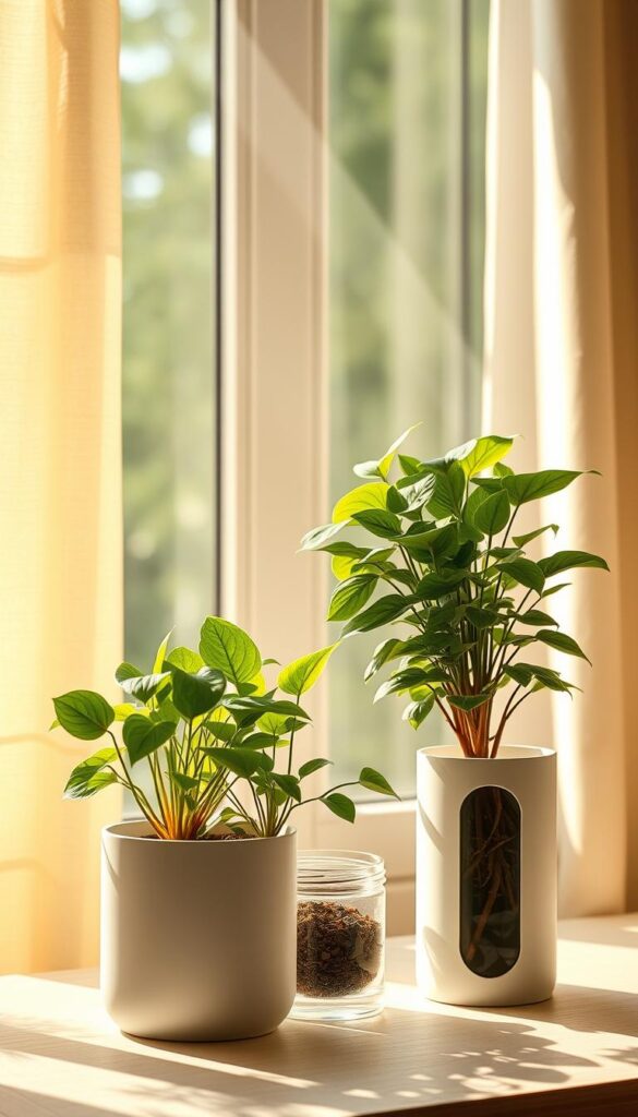 A meticulously crafted still life showcasing a set of self-watering planters against a soft, natural backdrop. The planters feature sleek, minimalist designs with integrated wicks that draw water from a concealed reservoir, ensuring a steady supply to the plant's roots. Rays of warm, diffused sunlight filter through a window, casting gentle shadows and highlighting the lush, verdant foliage thriving within the self-watering systems. The composition emphasizes the efficient, self-sustaining nature of these innovative planters, conveying a sense of tranquility and low-maintenance care for the featured houseplants.