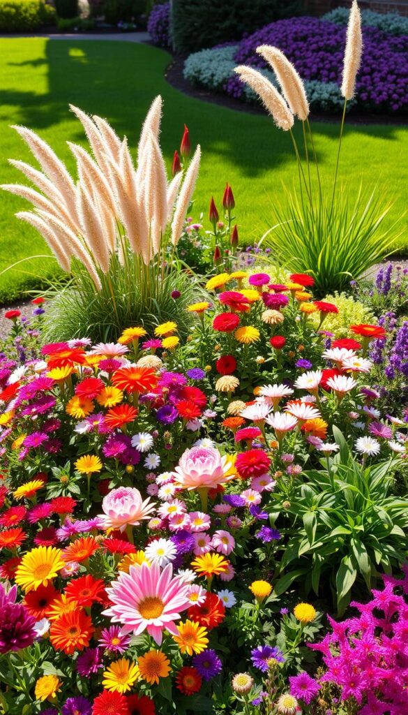 A meticulously designed front yard flower bed, with a lush, vibrant arrangement of blooms in a variety of colors and textures. The foreground showcases a harmonious mix of colorful perennials and annuals, artfully arranged in a visually pleasing layout. The middle ground features a mix of taller plants, such as flowering shrubs and ornamental grasses, creating depth and dimension. The background is framed by a verdant, well-manicured lawn, complementing the floral display. The scene is illuminated by warm, natural sunlight, casting gentle shadows and highlighting the vibrant hues of the flowers. The overall composition evokes a sense of tranquility, beauty, and curb appeal, perfectly suited for a stunning front yard flower bed layout. A meticulously designed front yard flower bed, with a lush, vibrant arrangement of blooms in a variety of colors and textures. The foreground showcases a harmonious mix of colorful perennials and annuals, artfully arranged in a visually pleasing layout. The middle ground features a mix of taller plants, such as flowering shrubs and ornamental grasses, creating depth and dimension. The background is framed by a verdant, well-manicured lawn, complementing the floral display. The scene is illuminated by warm, natural sunlight, casting gentle shadows and highlighting the vibrant hues of the flowers. The overall composition evokes a sense of tranquility, beauty, and curb appeal, perfectly suited for a stunning front yard flower bed layout.