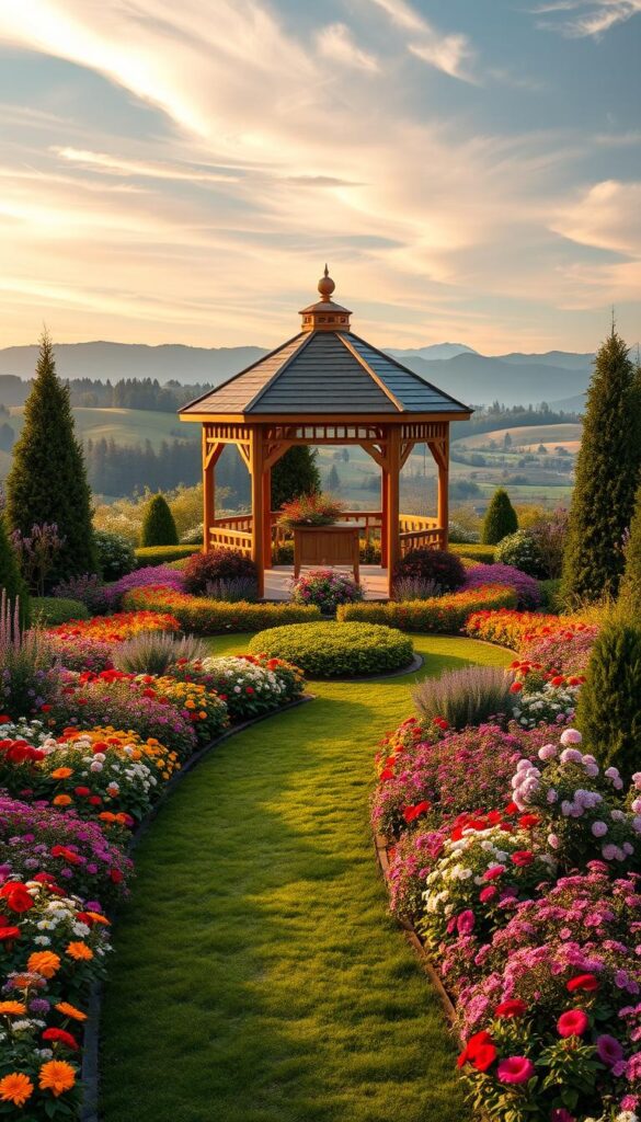 A meticulously designed garden plan, featuring a lush, vibrant centerpiece surrounded by a harmonious arrangement of plants and flowers. The focal point is a striking gazebo, bathed in warm, golden lighting that creates a serene and inviting atmosphere. In the foreground, a winding path leads the eye through a carefully curated selection of blooming perennials, their colors complementing each other in a visually striking display. The middle ground showcases a variety of ornamental shrubs and evergreen trees, providing depth and structure to the scene. In the background, a backdrop of rolling hills and a picturesque sky with wispy clouds adds to the sense of peaceful tranquility. The overall composition evokes a relaxing, rejuvenating outdoor oasis, ready to be transformed into a personal haven of calm and serenity.